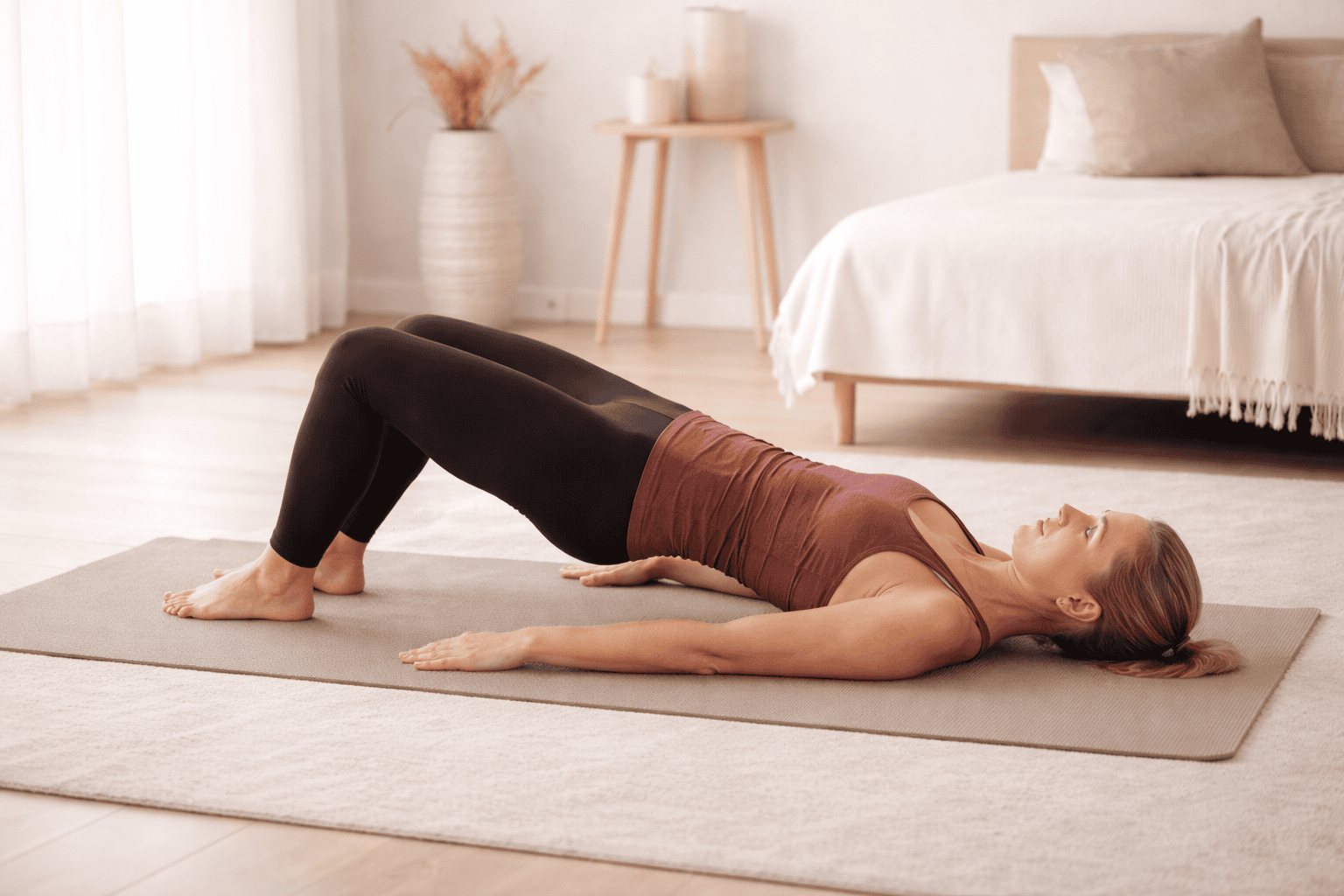 Person utfører glute bridge bro øvelse hjemme — ryggøvelse for setemuskulatur